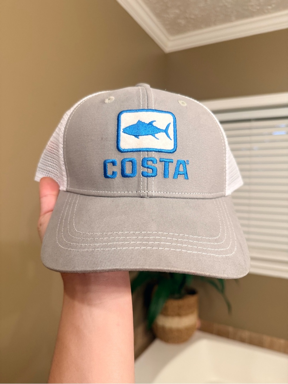 Costa Gray & White Mesh Hat with Blue Embroidered Logo
